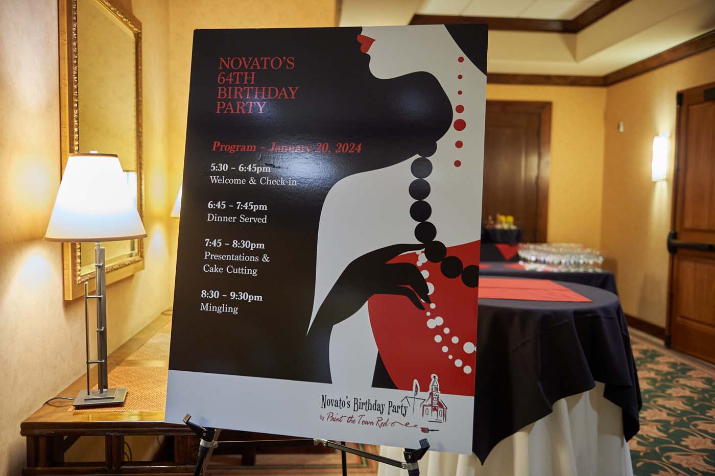 a poster of a sign for Novato's 64th Birthday Party